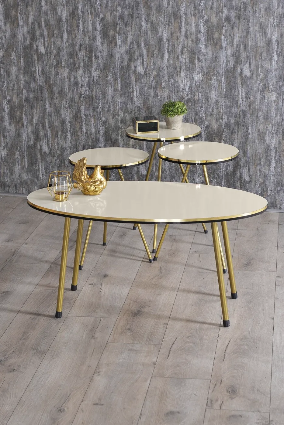 Oval Coffee & Nesting Table Set Gold Metal Legs - Cream