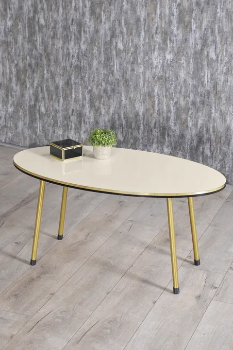 Oval Coffee & Nesting Table Set Gold Metal Legs - Cream