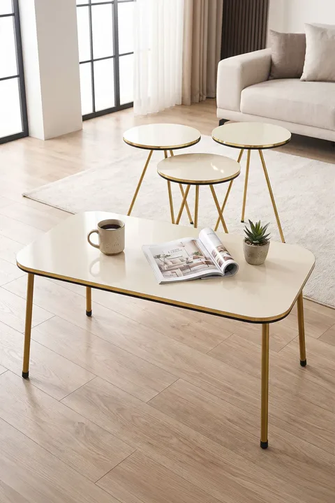 Round Coffee & Nesting Table Set Gold Metal Legs - Cream