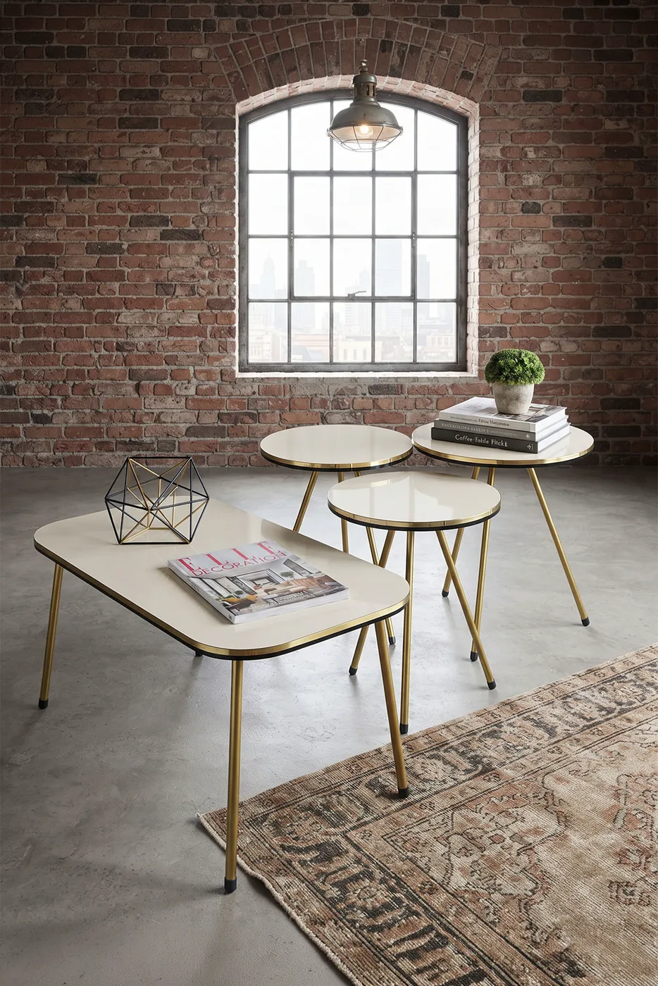Round Coffee & Nesting Table Set Gold Metal Legs - Cream