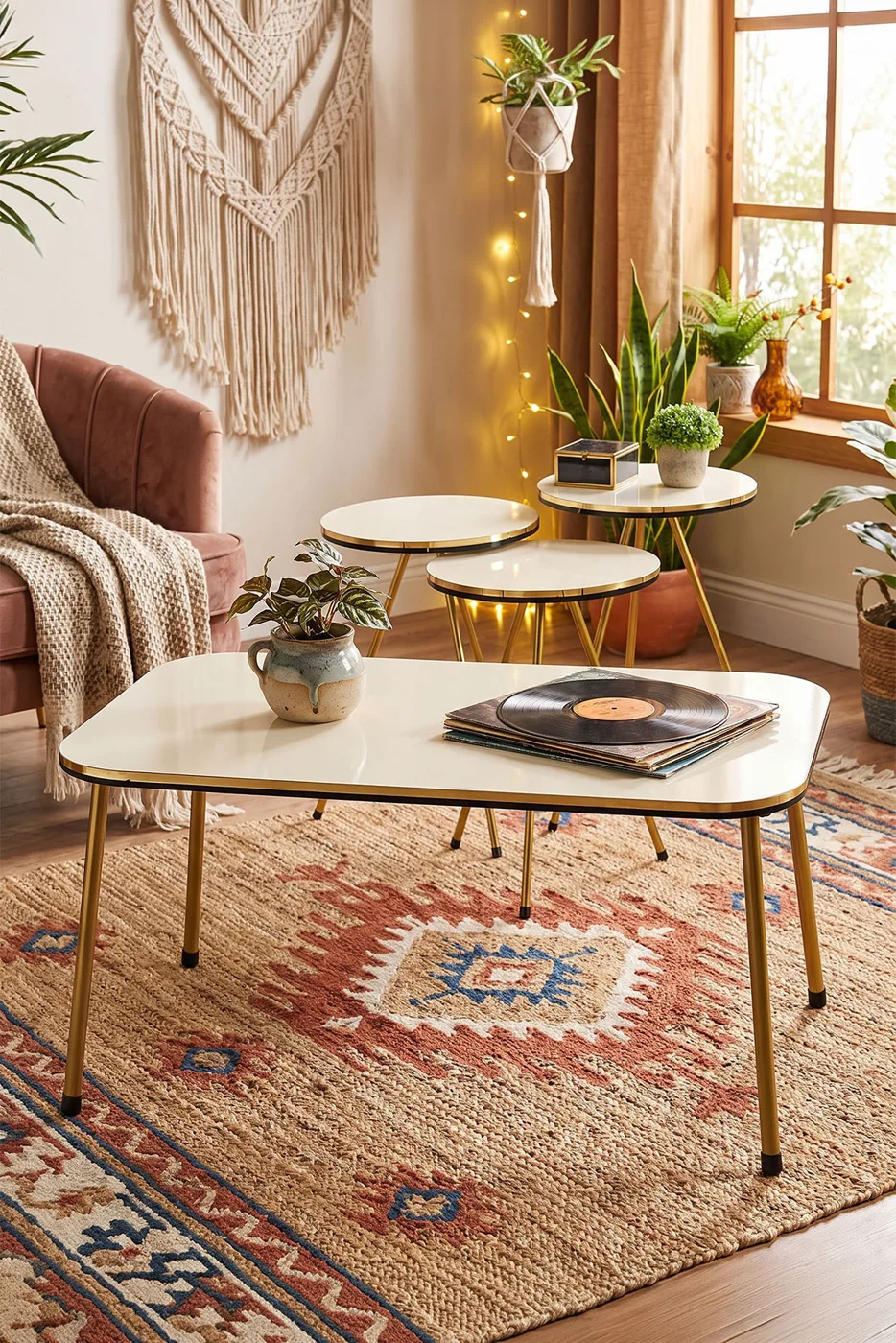 Round Coffee & Nesting Table Set Gold Metal Legs - Cream