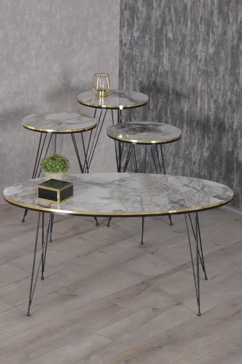Black Wire Leg Oval 4-Piece Table Set - White Marble Effect