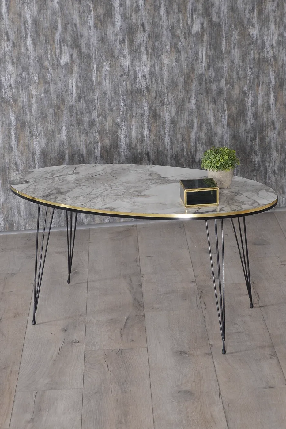 Black Wire Leg Oval 4-Piece Table Set - White Marble Effect