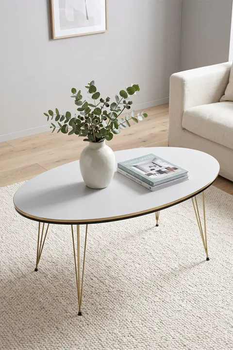 Oval Coffee Table Gold Wire Legs - White