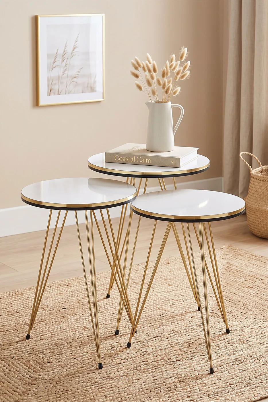 Ronde 4-delige mimisettafel met gouden draadpoten - wit marmerlook 1