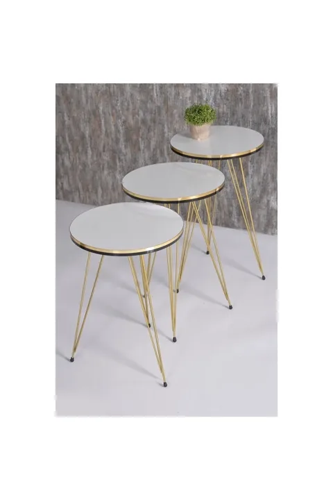 Round 4-Piece Table Set Gold Wire Legs - White Marble Effect 1