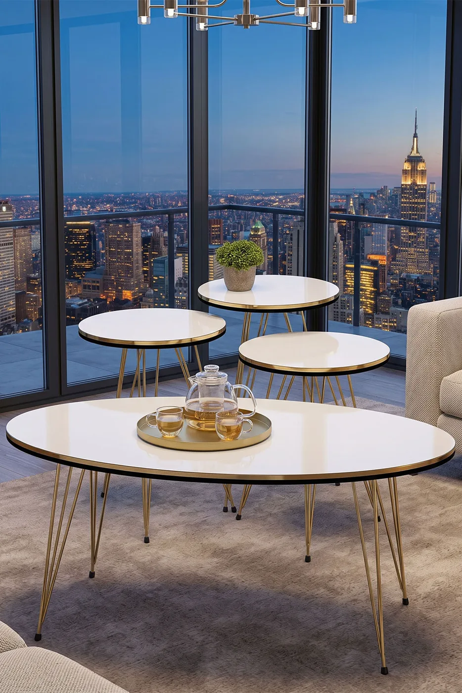 Ronde 4-delige mimisettafel met gouden draadpoten - wit marmerlook 1