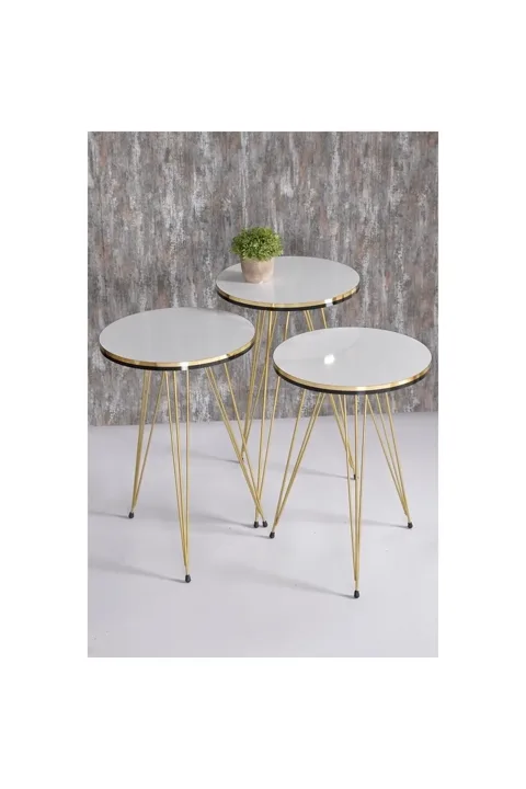 Round 4-Piece Table Set Gold Wire Legs - White Marble Effect 1