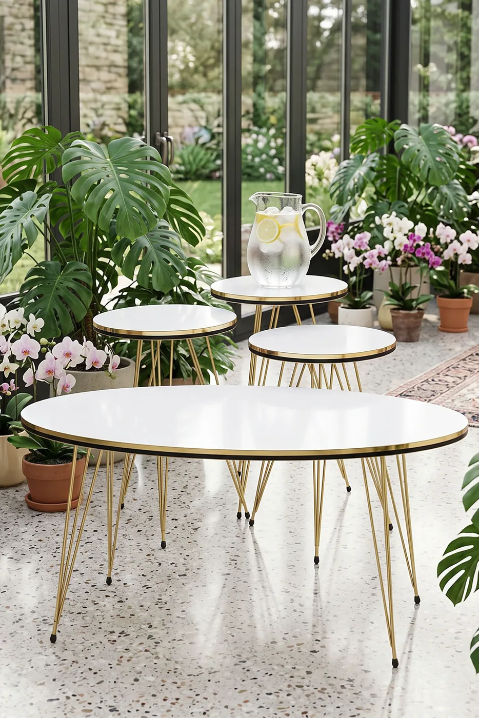 Ronde 4-delige mimisettafel met gouden draadpoten - wit marmerlook 1