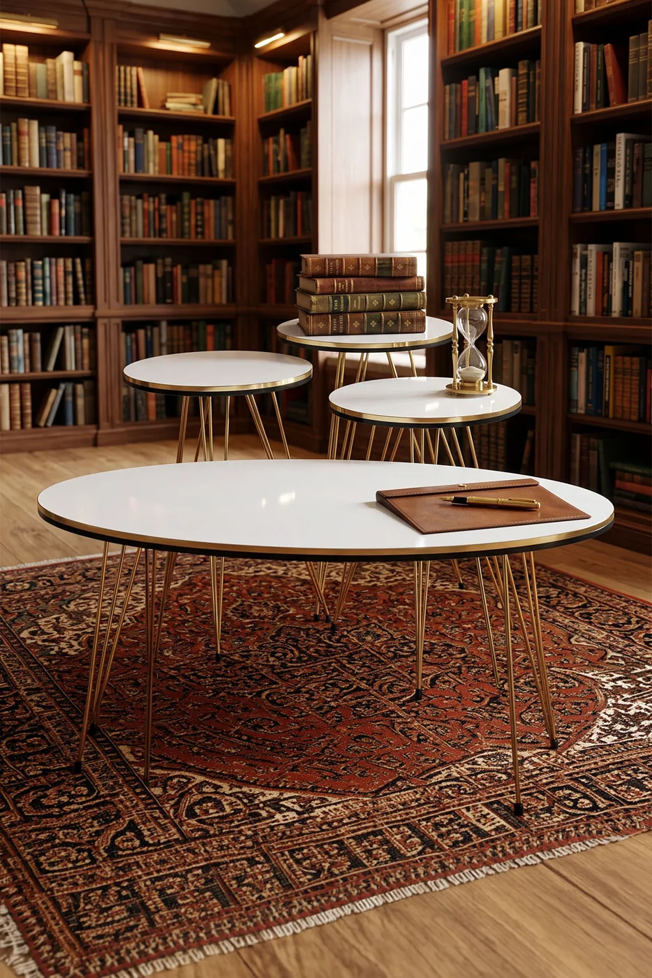 Ronde 4-delige mimisettafel met gouden draadpoten - wit marmerlook 1
