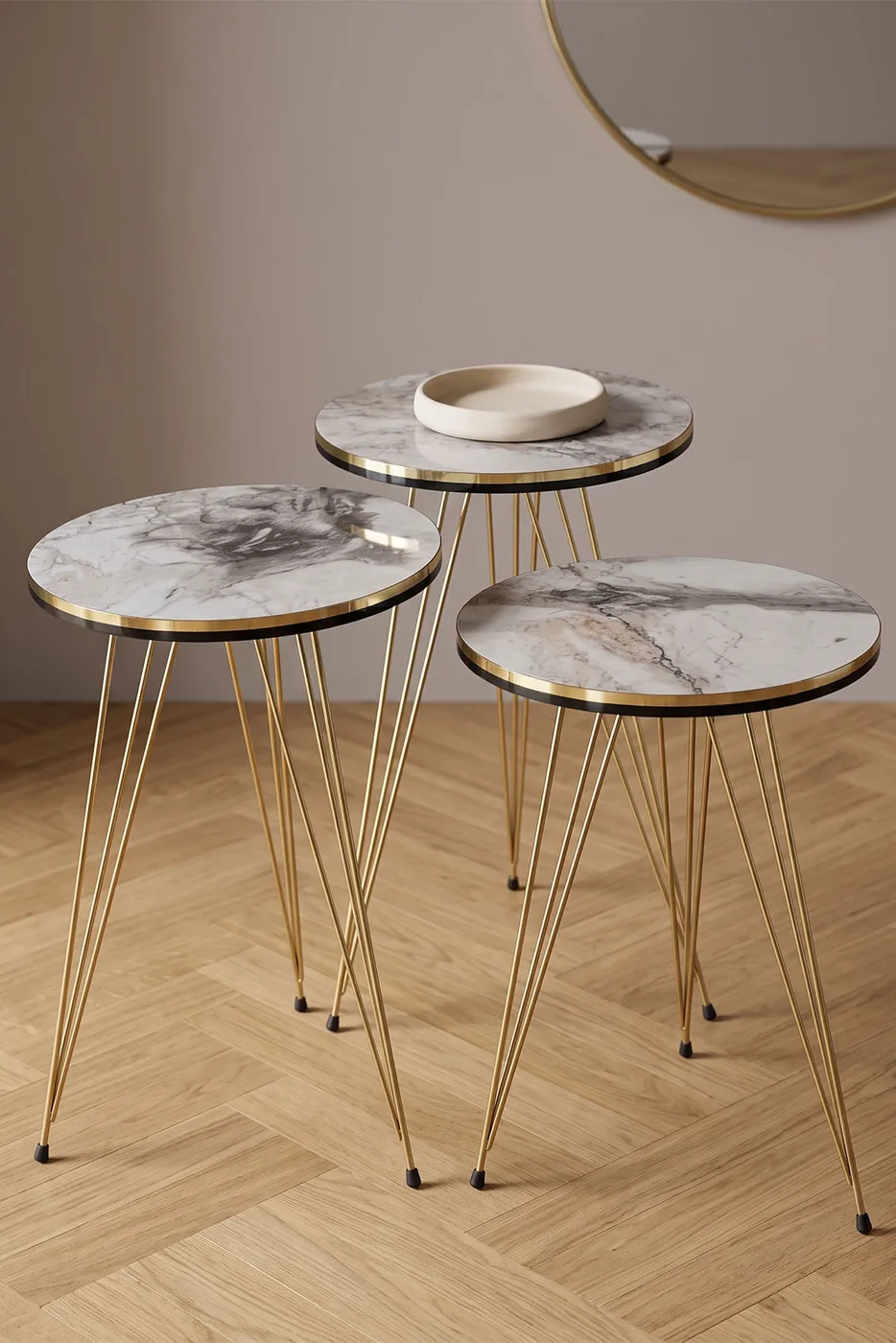 Round Nesting Table Set Gold Wire Legs - White Marble Effect