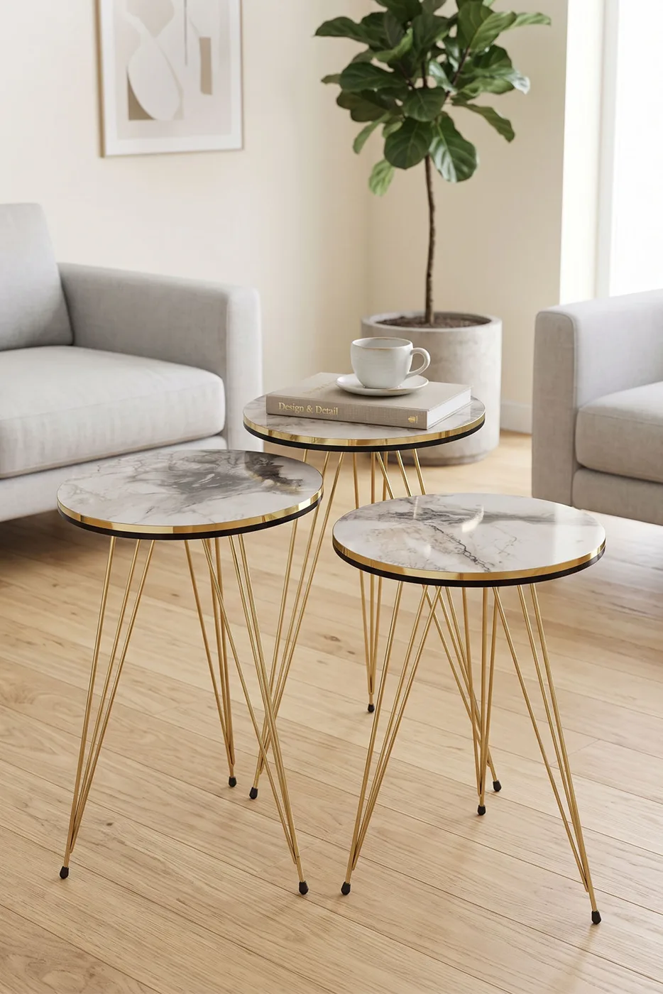 Round Nesting Table Set Gold Wire Legs - White Marble Effect
