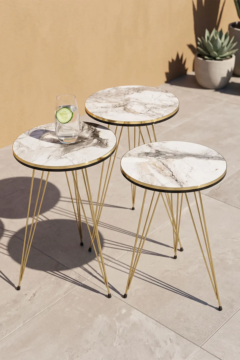 Round Nesting Table Set Gold Wire Legs - White Marble Effect