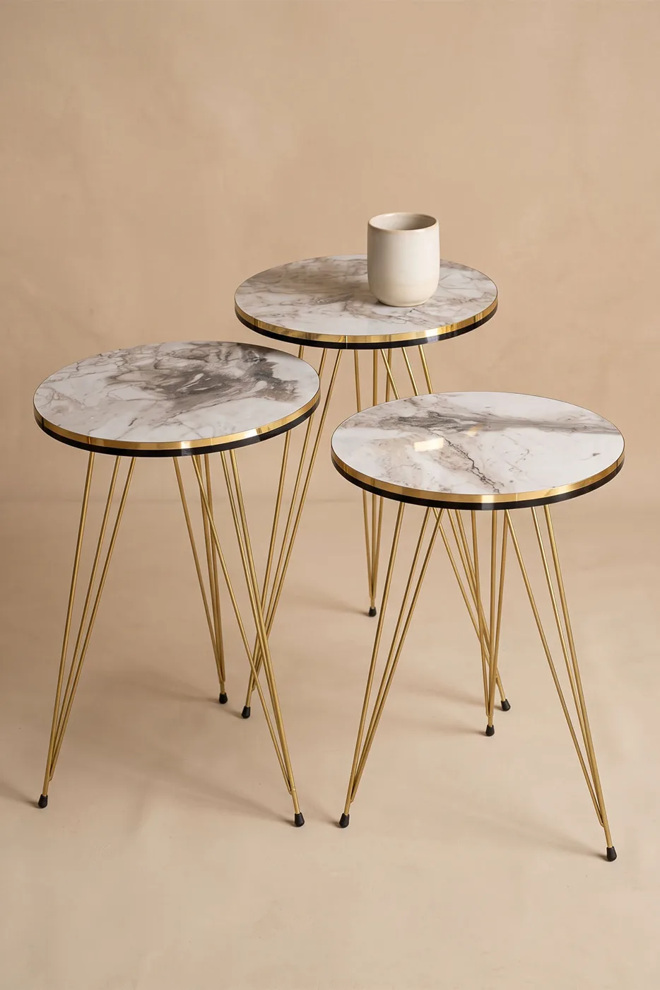 Round Nesting Table Set Gold Wire Legs - White Marble Effect