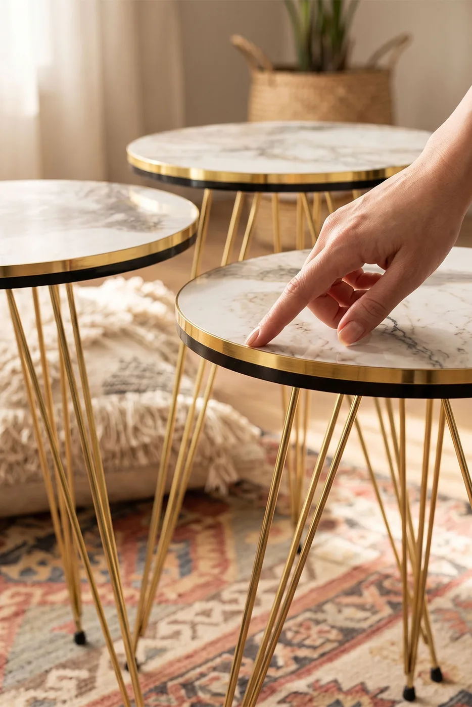 Round Nesting Table Set Gold Wire Legs - White Marble Effect