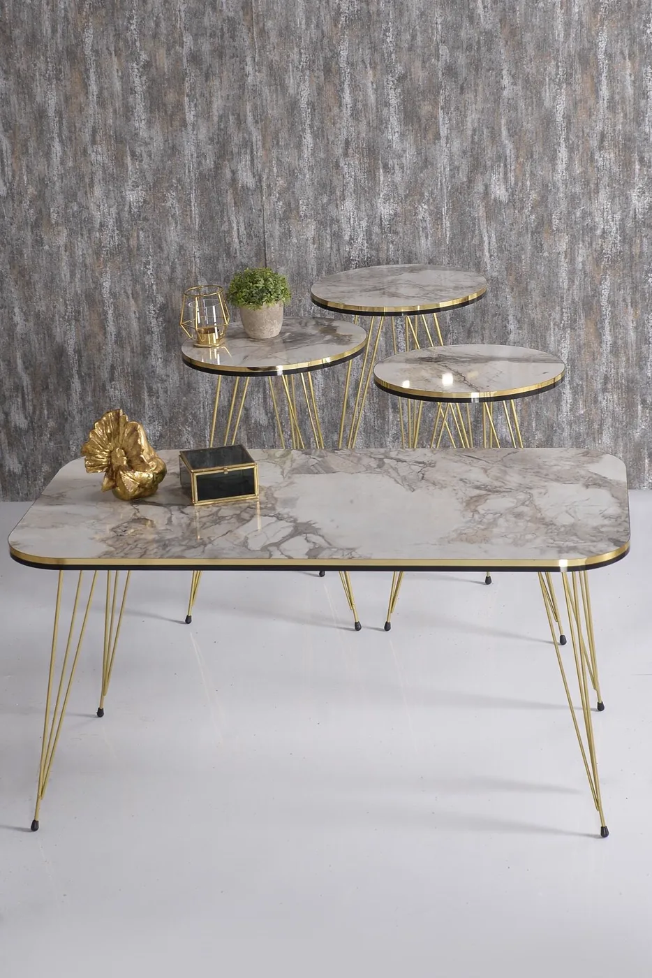 Round 4-Piece Table Set Gold Wire Legs - White Marble Effect