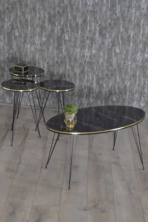 Black Wire Leg Oval 4-Piece Table Set - Black Marble Effect