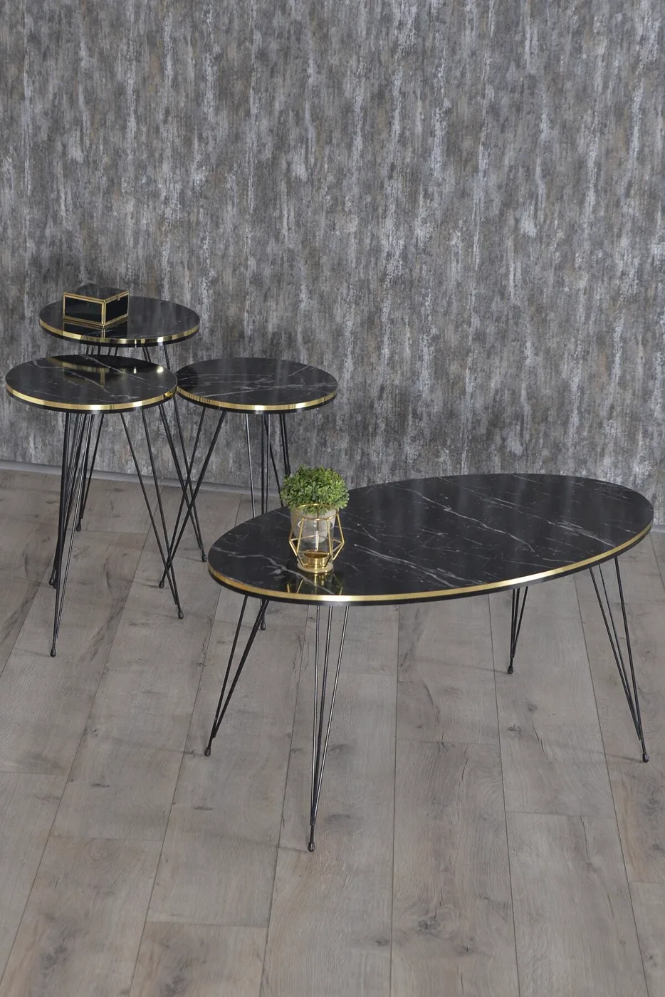 Black Wire Leg Oval 4-Piece Table Set - Black Marble Effect