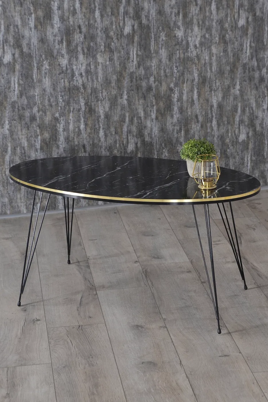 Black Wire Leg Oval 4-Piece Table Set - Black Marble Effect