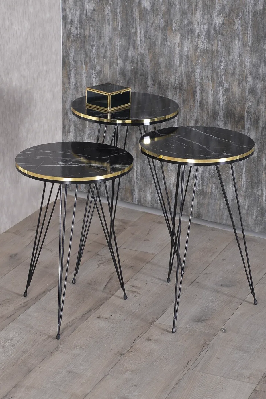 Black Wire Leg Oval 4-Piece Table Set - Black Marble Effect