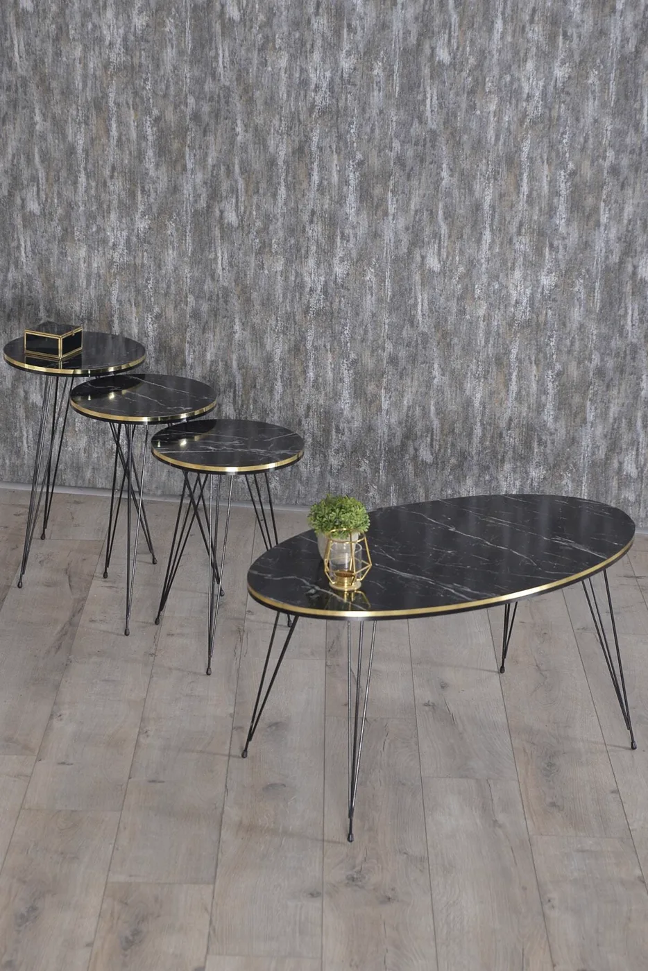 Black Wire Leg Oval 4-Piece Table Set - Black Marble Effect