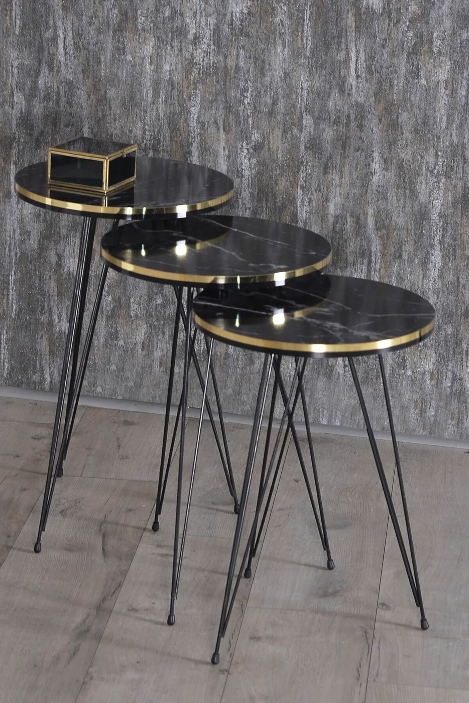 Black Wire Leg Oval 4-Piece Table Set - Black Marble Effect