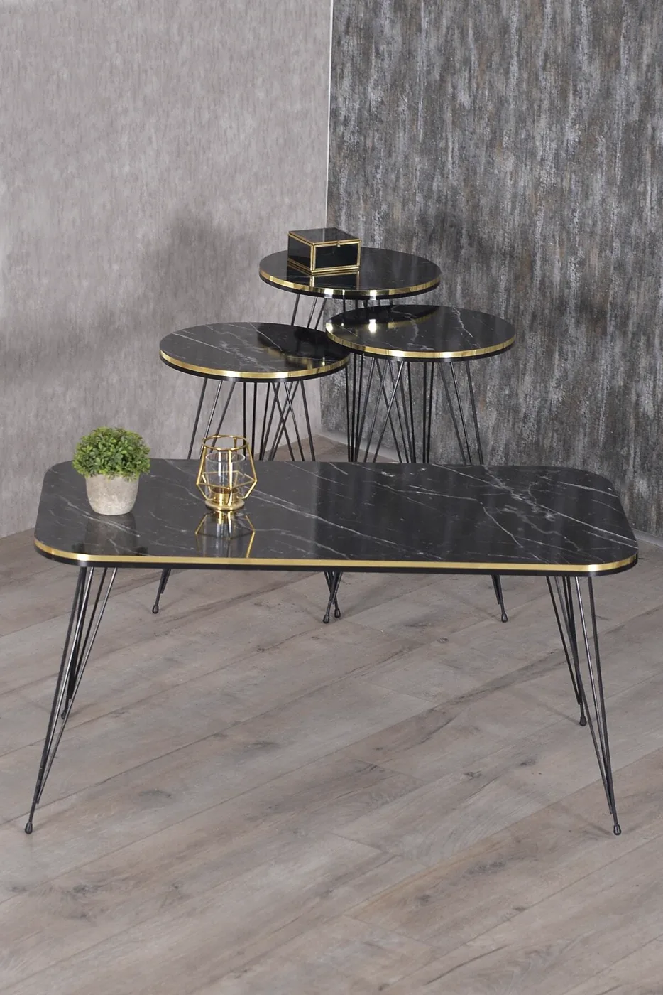 Rechteckiges 4-teiliges Satztisch-Set mit schwarzen Drahtbeinen - Schwarz Marmoroptik