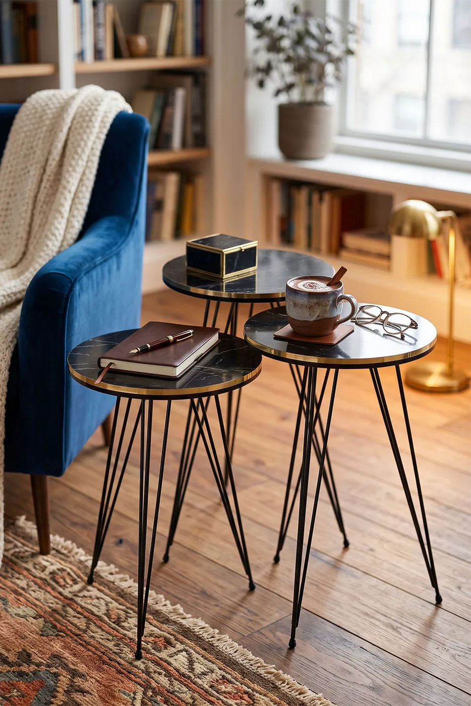 Black Wire Leg Rectangular 4-Piece Table Set - Black Marble Effect