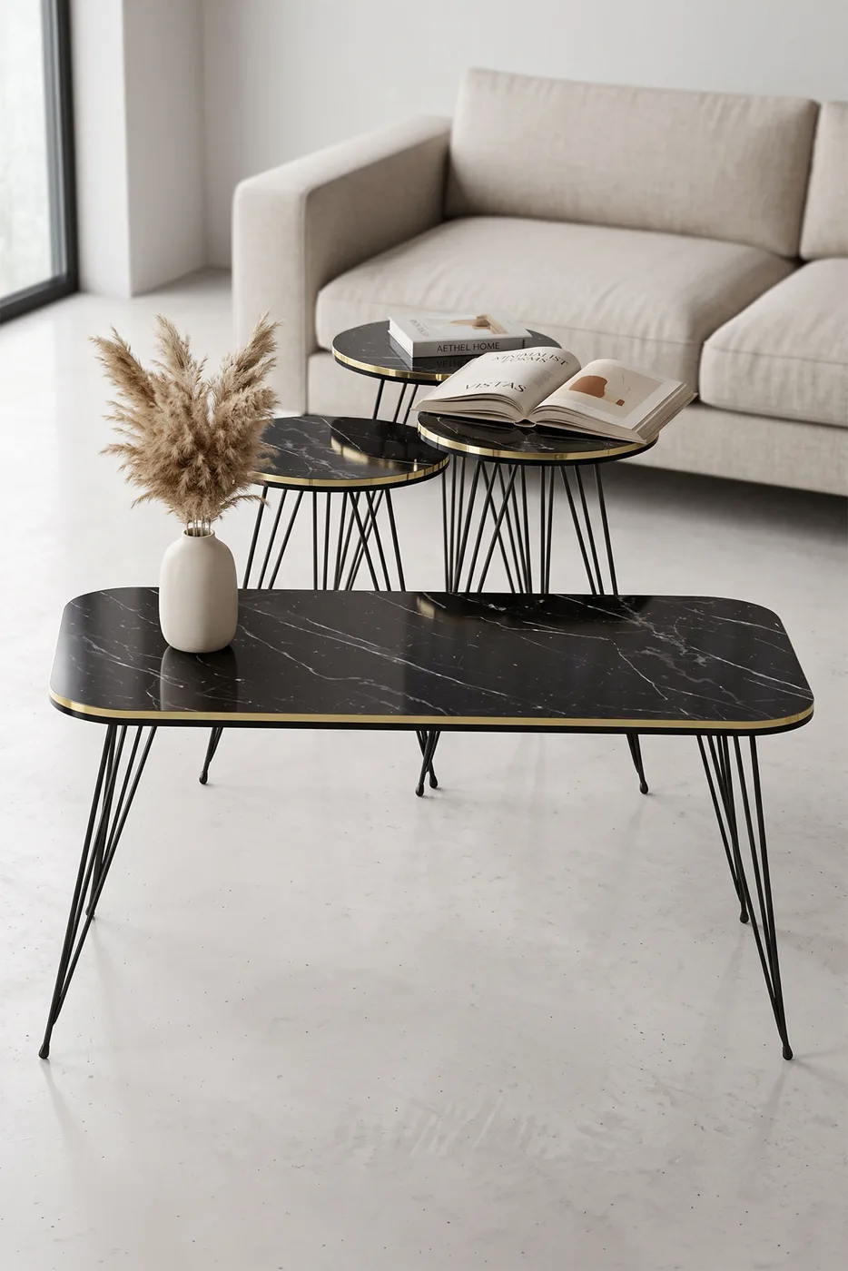 Black Wire Leg Rectangular 4-Piece Table Set - Black Marble Effect
