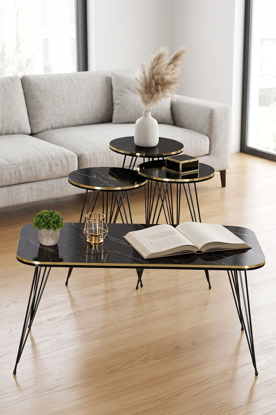 Black Wire Leg Rectangular 4-Piece Table Set - Black Marble Effect