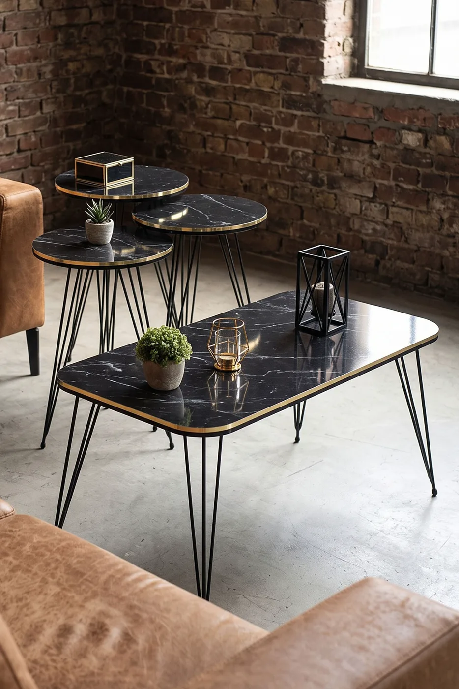 Black Wire Leg Rectangular 4-Piece Table Set - Black Marble Effect