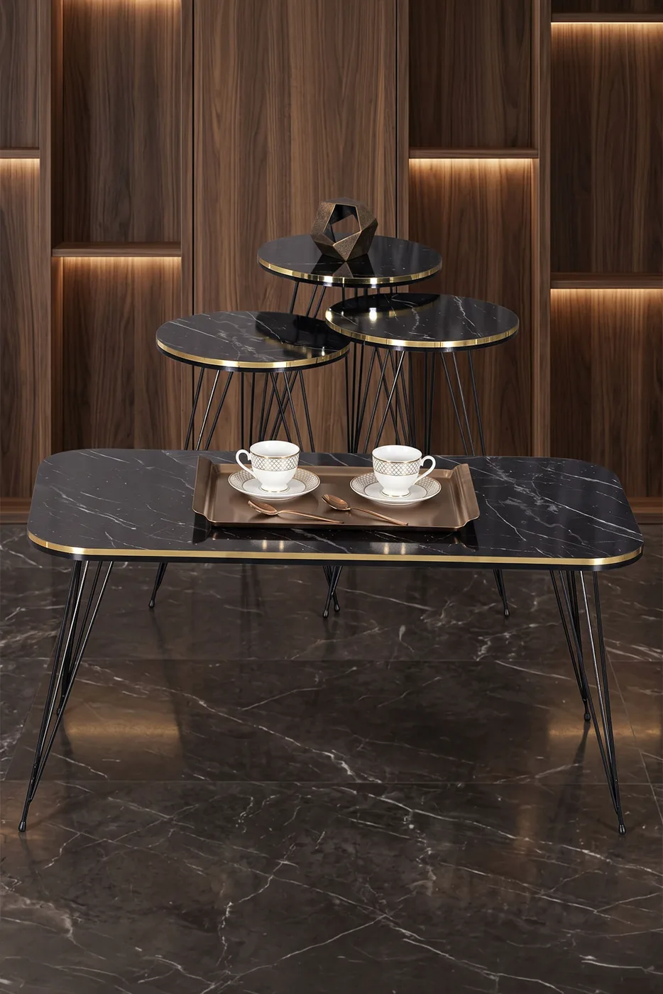 Black Wire Leg Rectangular 4-Piece Table Set - Black Marble Effect