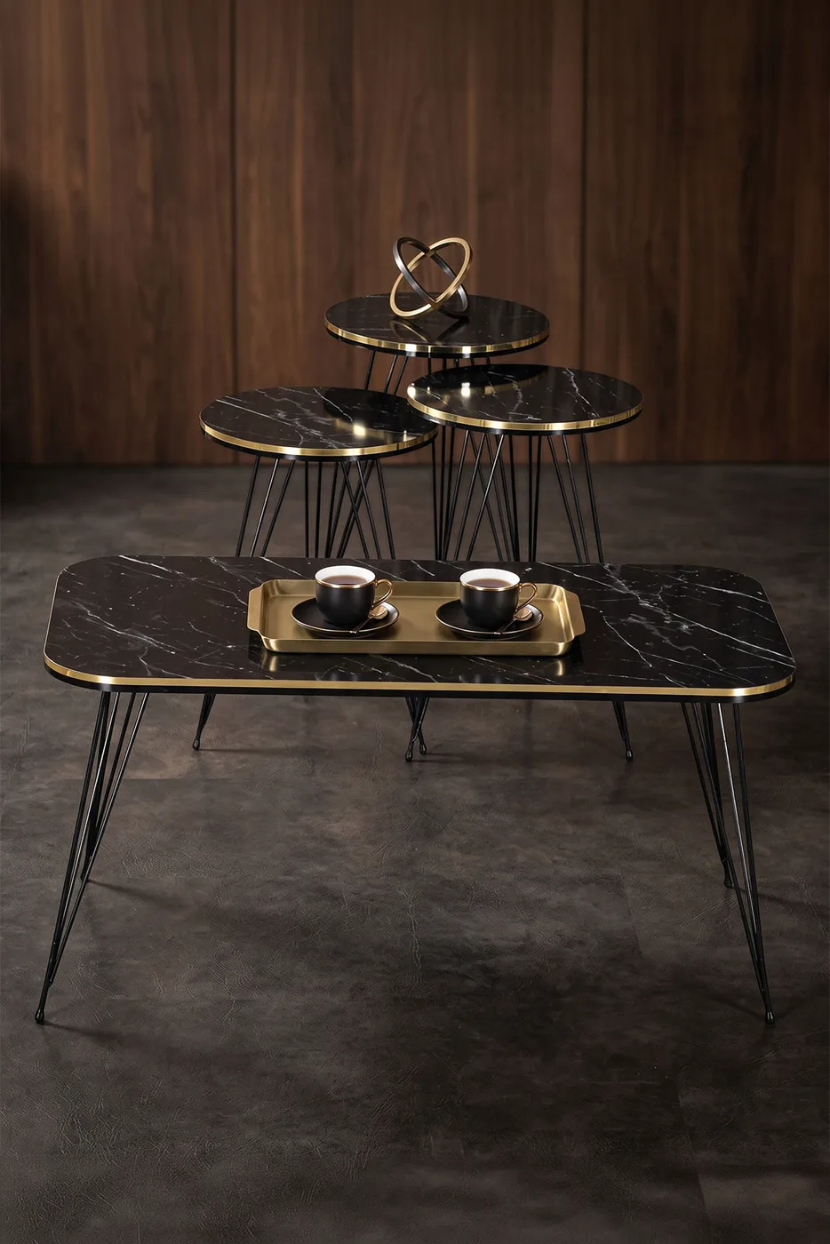 Black Wire Leg Rectangular 4-Piece Table Set - Black Marble Effect