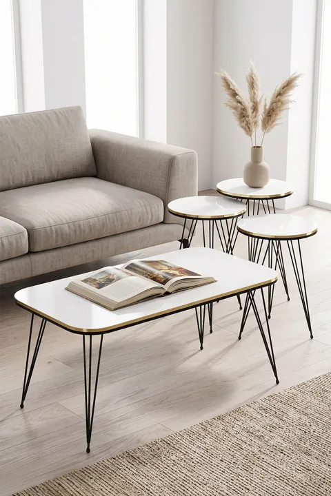 Black Wire Leg Rectangular 4-Piece Table Set - White