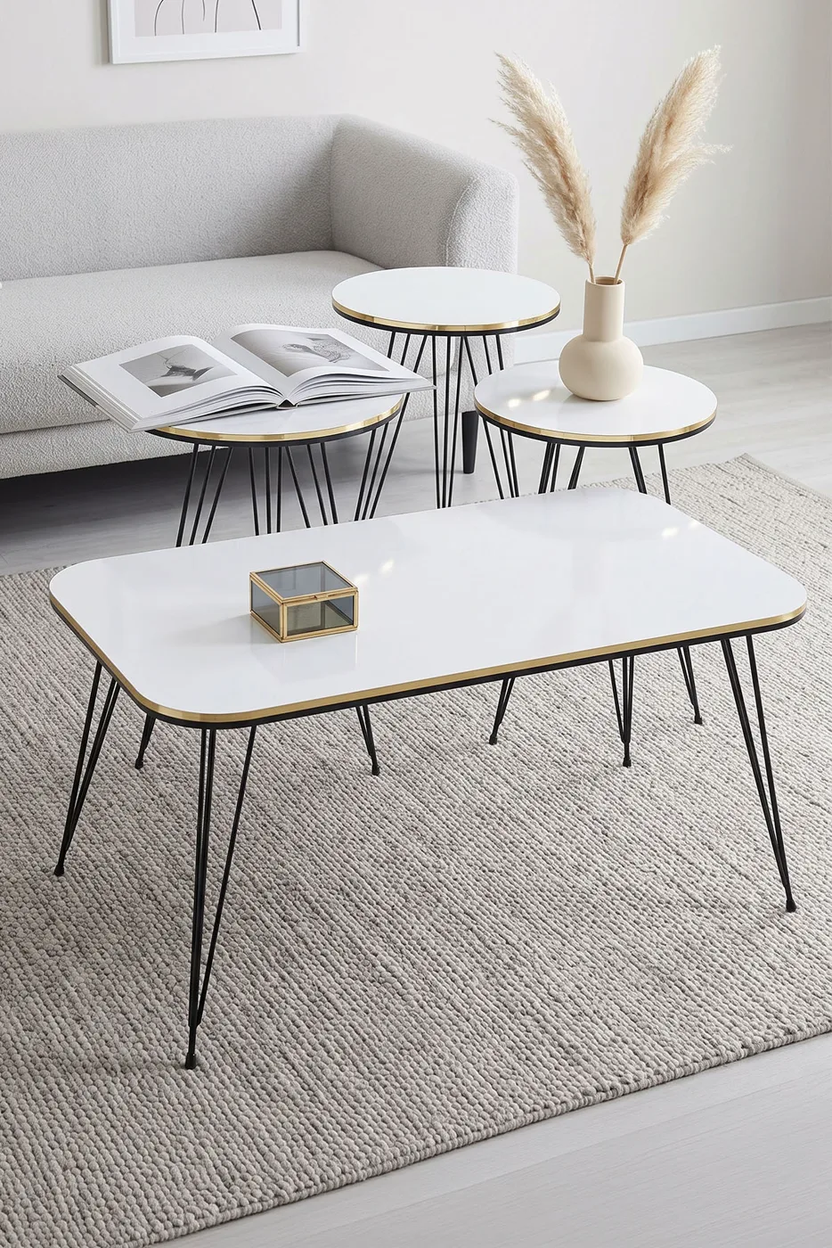 Black Wire Leg Rectangular 4-Piece Table Set - White