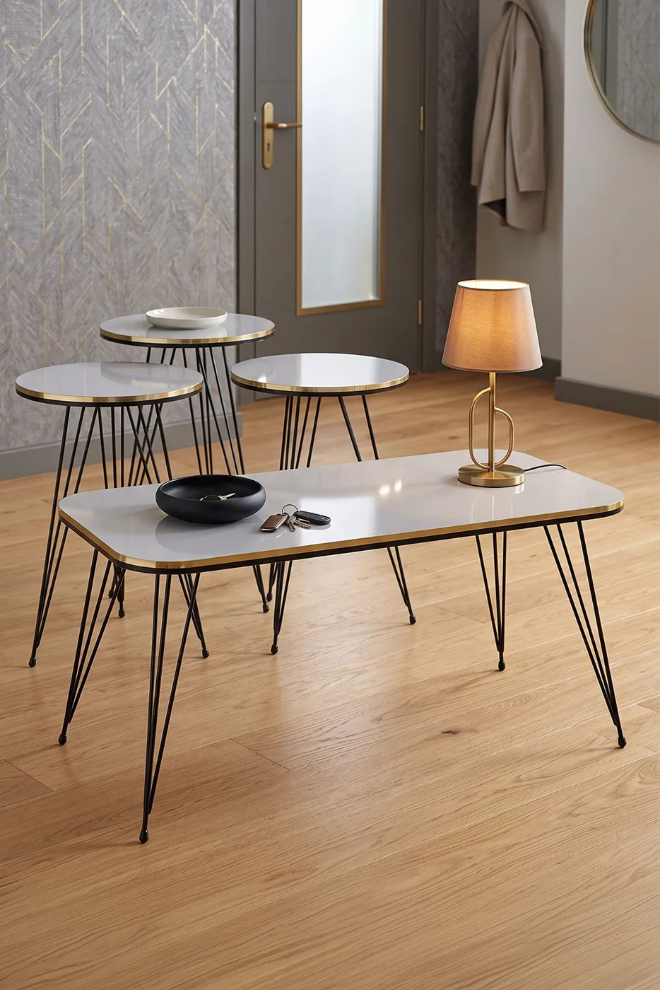 Black Wire Leg Rectangular 4-Piece Table Set - White