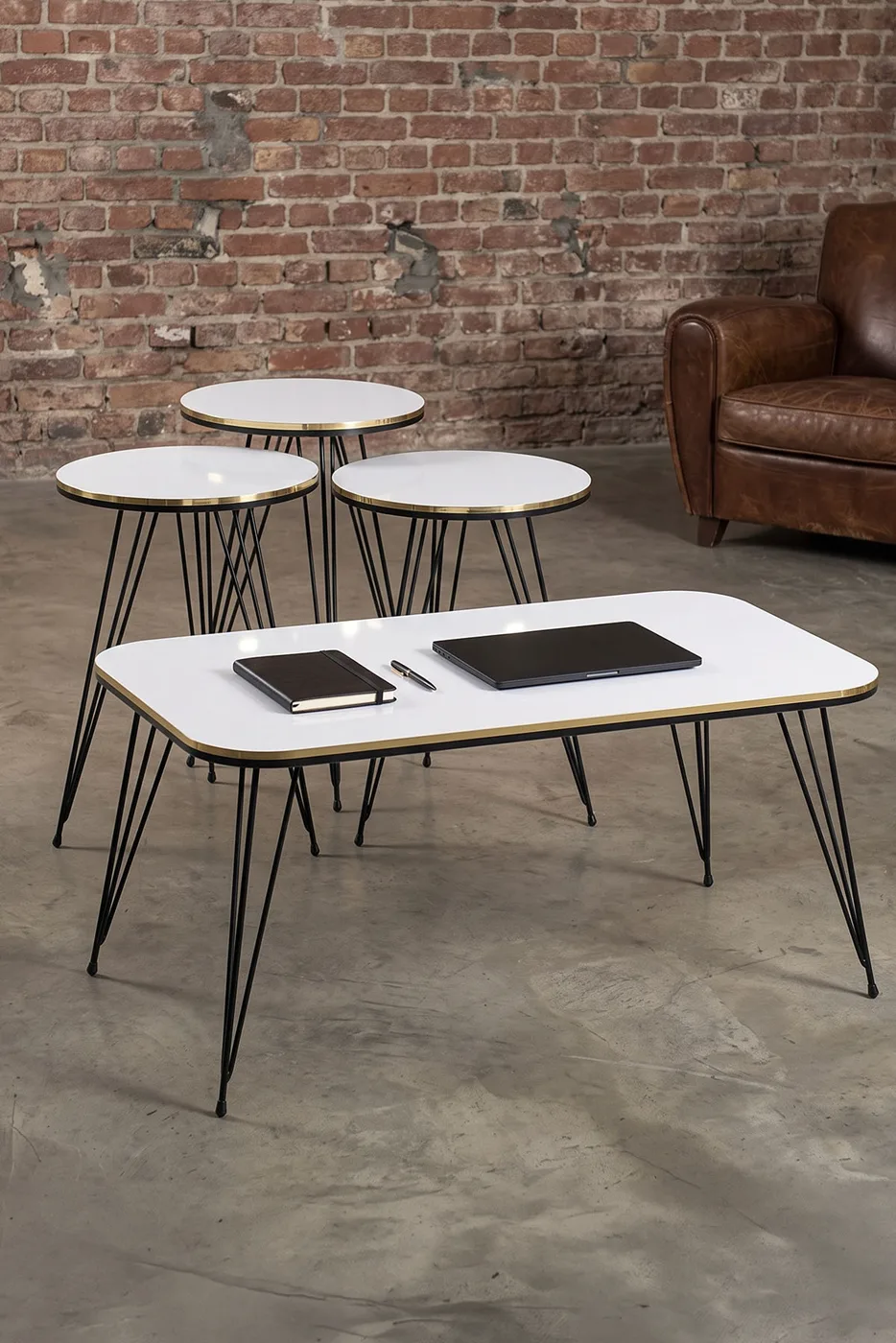 Black Wire Leg Rectangular 4-Piece Table Set - White