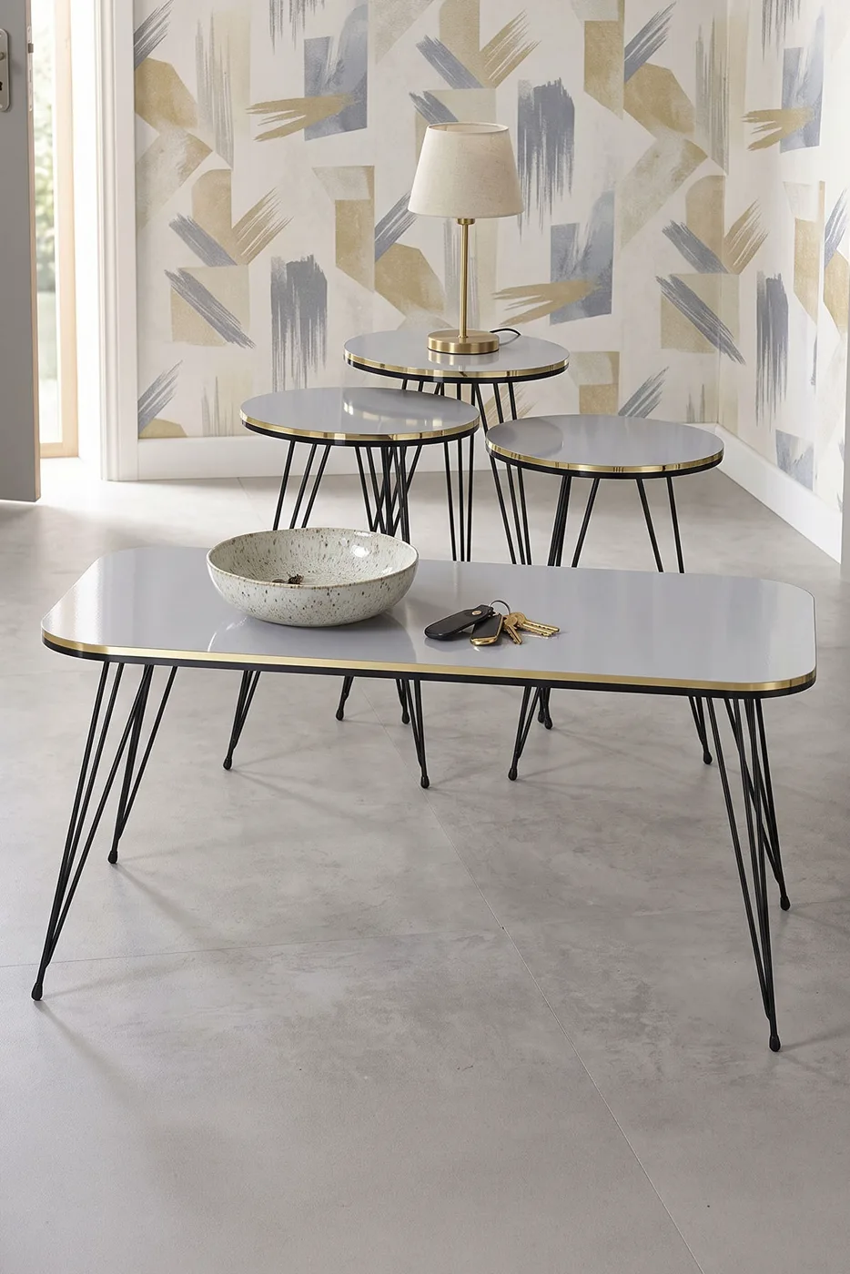 Black Wire Leg Rectangular 4-Piece Table Set - White