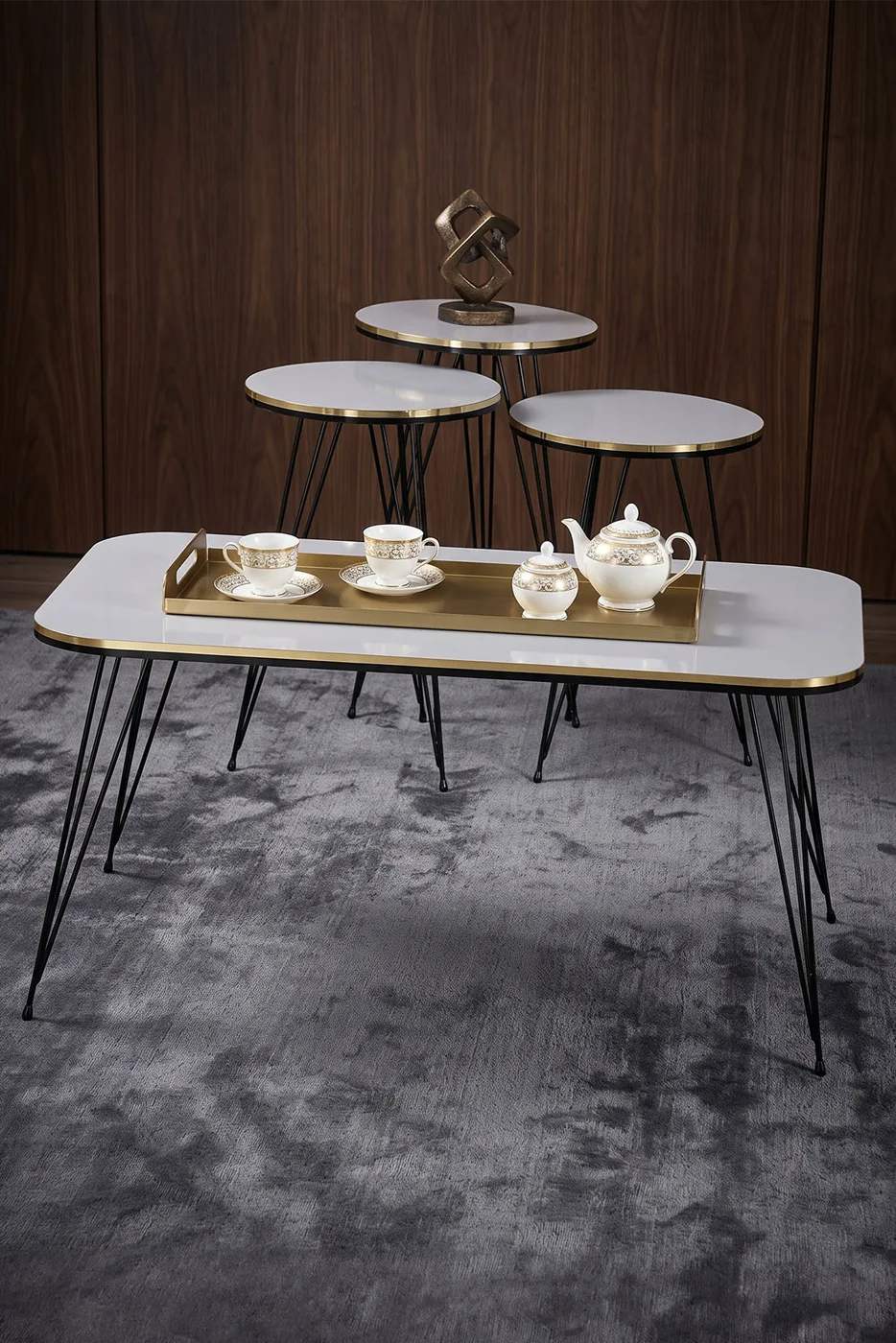 Black Wire Leg Rectangular 4-Piece Table Set - White