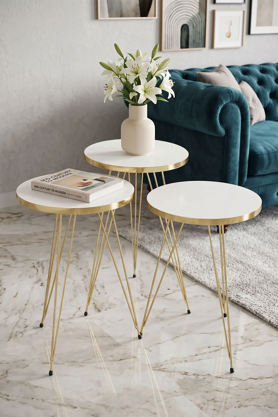Round Nesting Table Set Gold Wire Legs - White