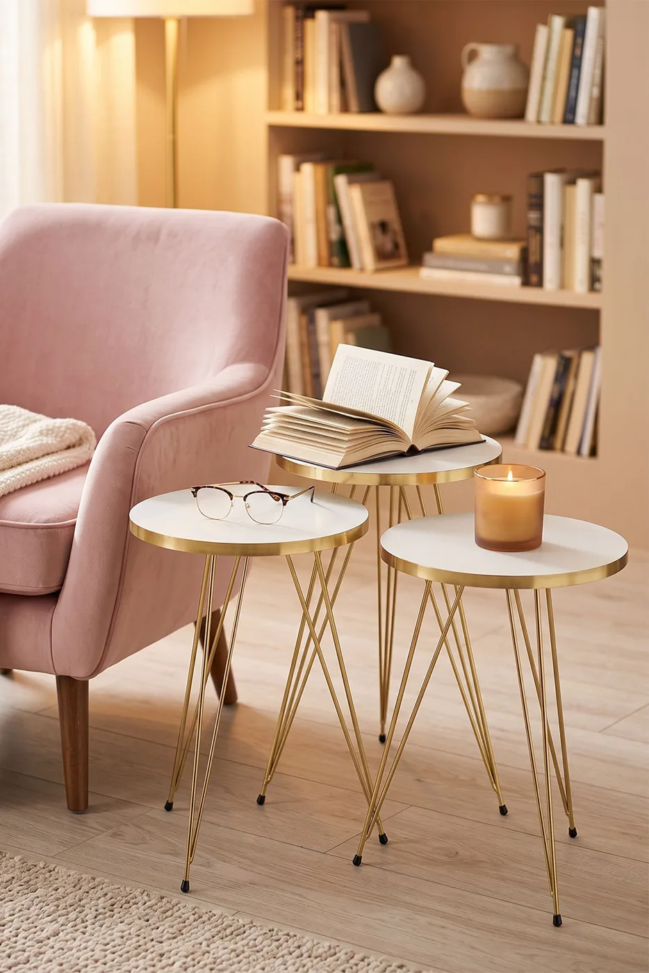 Round Nesting Table Set Gold Wire Legs - White