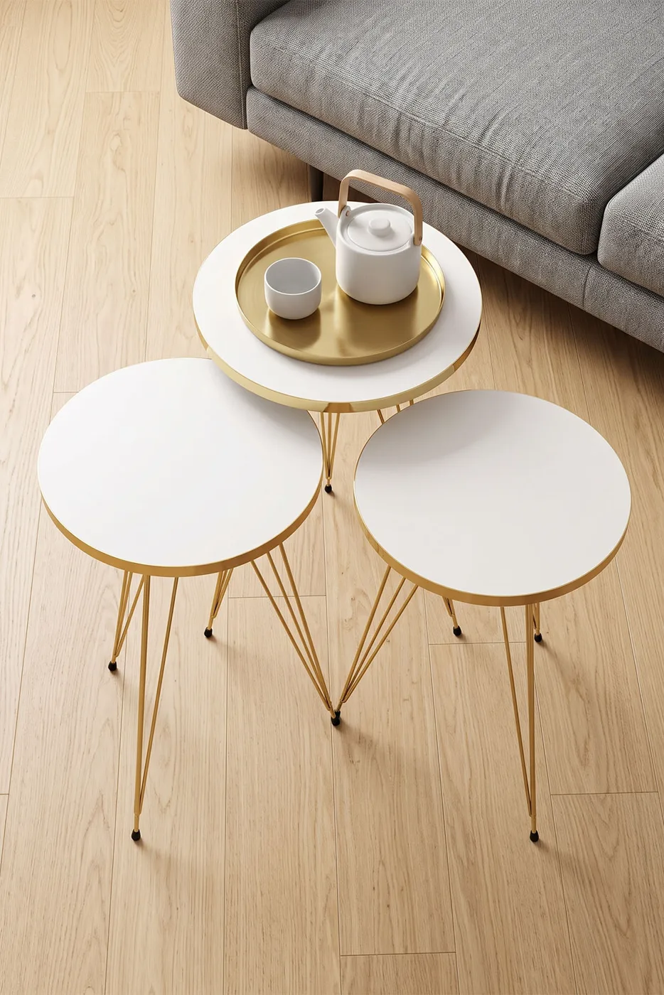Round Nesting Table Set Gold Wire Legs - White