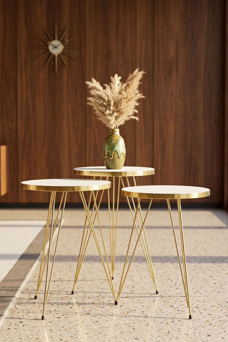 Round Nesting Table Set Gold Wire Legs - White