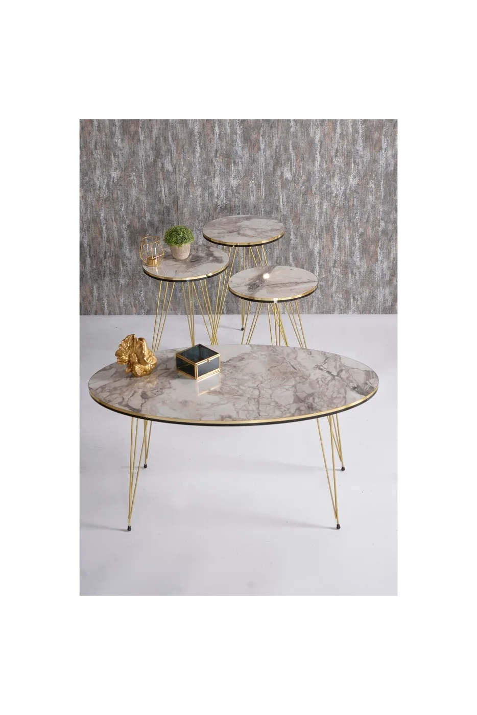 Round 4-Piece Table Set Gold Wire Legs - White Marble Effect