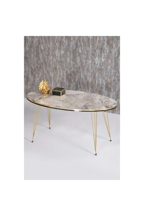 Round 4-Piece Table Set Gold Wire Legs - White Marble Effect