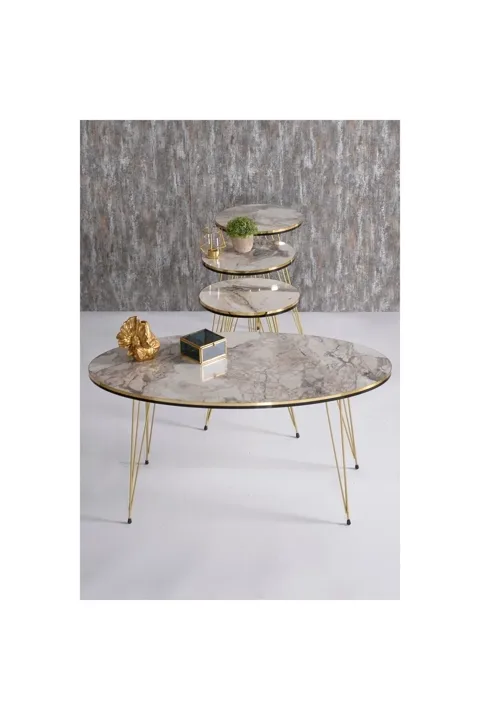 Round 4-Piece Table Set Gold Wire Legs - White Marble Effect
