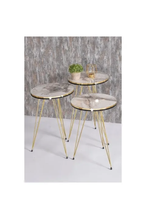 Round 4-Piece Table Set Gold Wire Legs - White Marble Effect