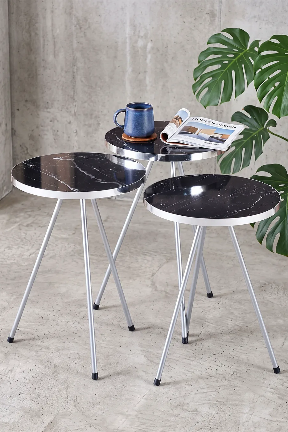 Round Nesting Table Set Gold Metal Legs - Black