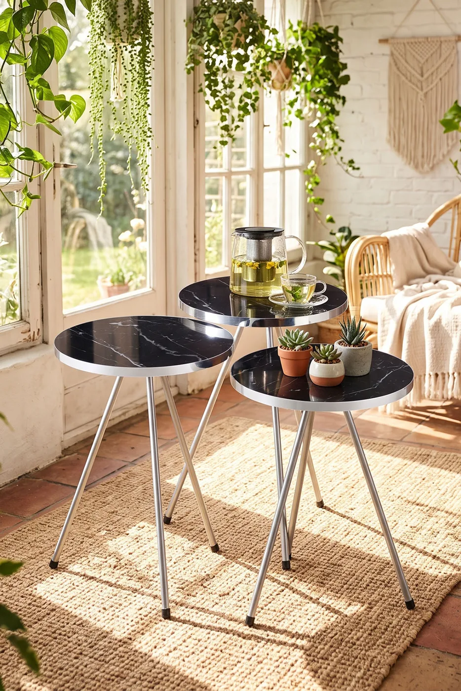 Round Nesting Table Set Gold Metal Legs - Black
