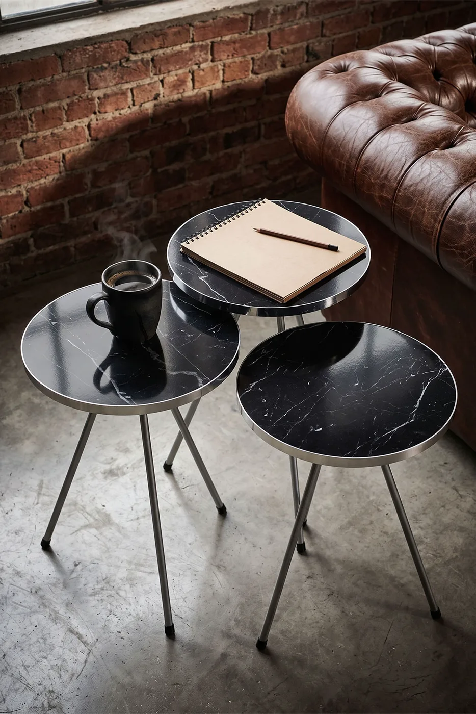 Round Nesting Table Set Gold Metal Legs - Black